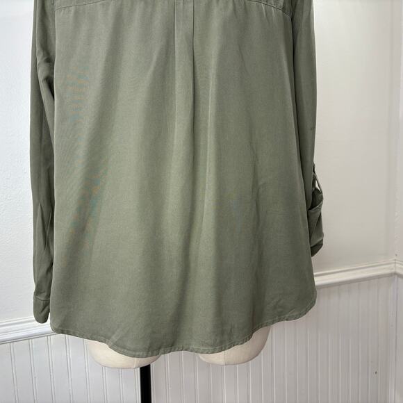J Jill Plus Size 2X Top Button Up 100% Tencel Olive Green Roll Tab Sleeve V Neck - Picture 12 of 14